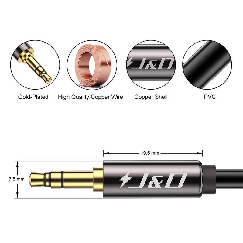 J&D AUX Cord, 3.5mm Male to Male Auxiliary Audio Cable, Gold Plated [Copper Shell] [Heavy Duty] 1/8" TRS Male to Male Stereo Audio Cable Compatible for Headphone, Car, Tablets, Speakers (6 Feet) - Image 3